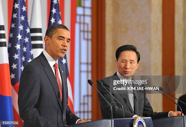 President Barack Obama speaks during a joint press conference with South Korean President Lee Myung-Bak at the presidential Blue House in Seoul on...