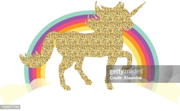 glittering unicorn and rainbow - unicorn stock illustrations