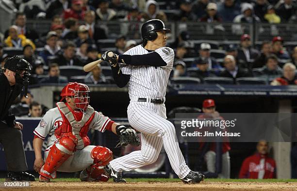 Hideki Matsui of the New York Yankees bats against the Philadelphia Phillies in Game One of the 2009 MLB World Series at Yankee Stadium on October...