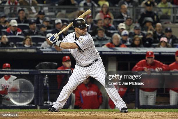 Nick Swisher of the New York Yankees bats against the Philadelphia Phillies in Game One of the 2009 MLB World Series at Yankee Stadium on October 28,...