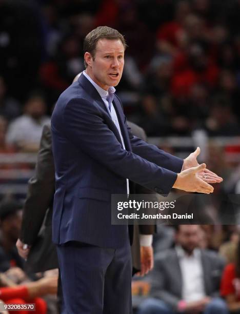 Head coach Fred Hoiberg of the Chicago Bulls complains to a referee during a game against the Toronto Raptors at the United Center on February 14,...