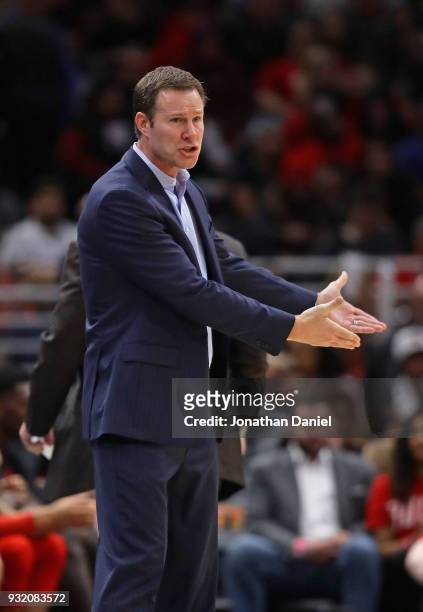 Head coach Fred Hoiberg of the Chicago Bulls complains to a referee during a game against the Toronto Raptors at the United Center on February 14,...