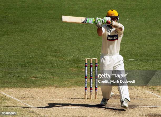 Luke Ronchi of the Warriors hooks a short delivery during day three of the Sheffield Shield match between the Victorian Bushrangers and the Western...