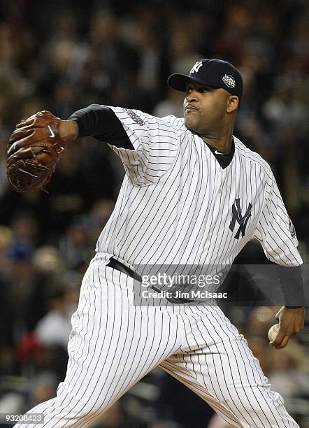 Starting pitcher C.C. Sabtahia of the New York Yankees throws a pitch against the Philadelphia Phillies in Game One of the 2009 MLB World Series at...