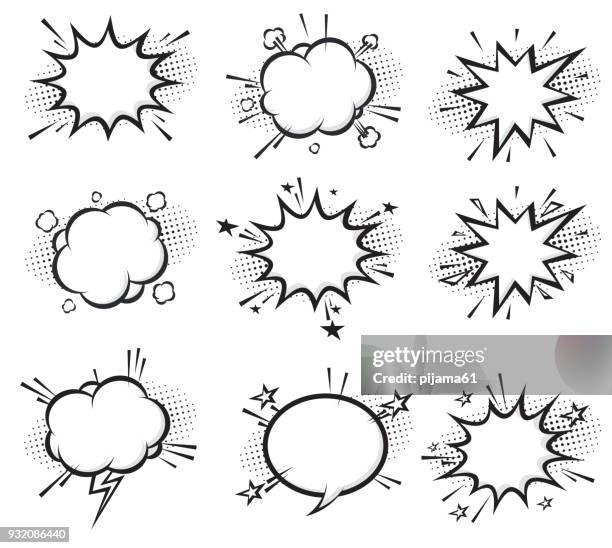 ilustraciones, imágenes clip art, dibujos animados e iconos de stock de explosiones de historieta cómica - aumento digital