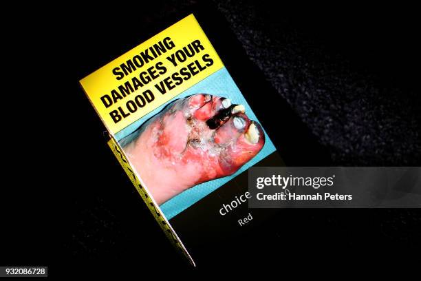 In this photo illustration plain cigarette packaging can be seen on March 15, 2018 in Auckland, New Zealand. As of 14 March 2018, legislation...