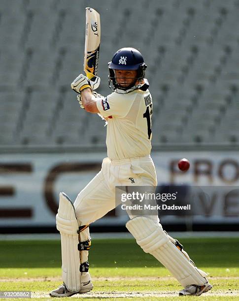 Chris Rogers of the Bushrangers plays a square cut during day three of the Sheffield Shield match between the Victorian Bushrangers and the Western...