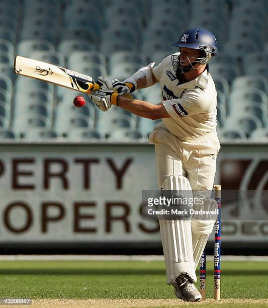 Chris Rogers of the Bushrangers plays a shot down the leg side during day three of the Sheffield Shield match between the Victorian Bushrangers and...