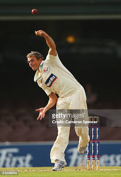 Steve O'Keefe of the Blues bowls during day three of the Sheffield Shield match between the New South Wales Blues and the Tasmanian Tigers at Sydney...