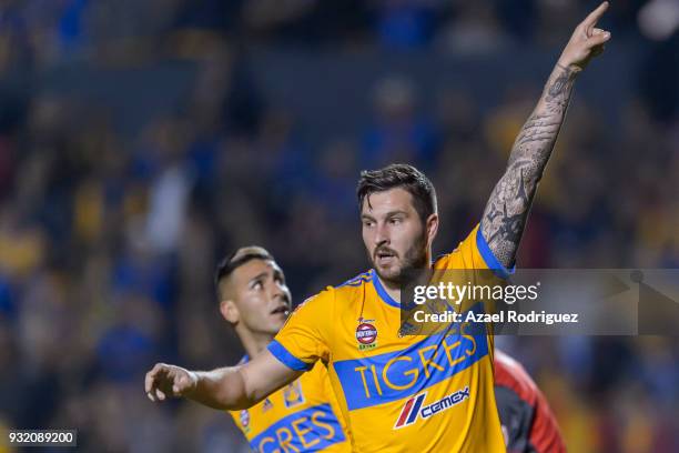 Andre-Pierre Gignac of Tigres celebrates after scoring his team's second goal during the quarterfinals second leg match between Tigres UANL and...