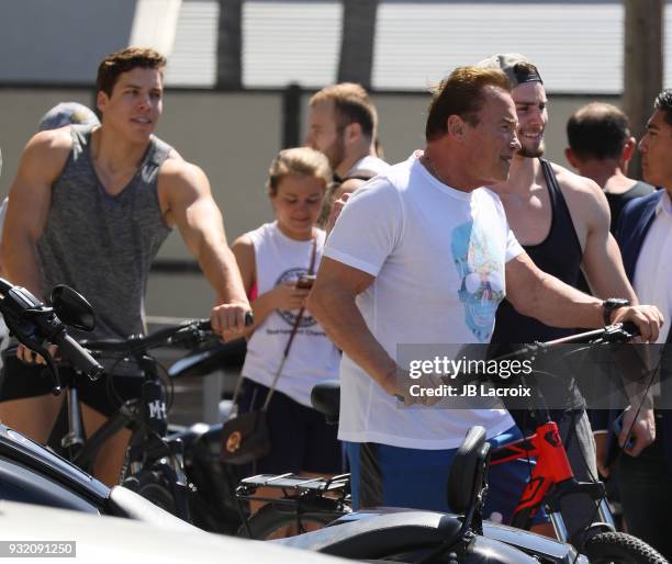 Arnold Schwarzenegger and his son Joseph Baena are seen on March 14, 2018 in Los Angeles, California.