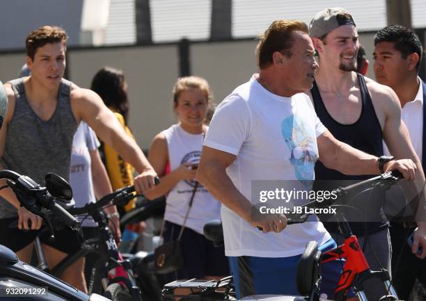 Arnold Schwarzenegger and his son Joseph Baena are seen on March 14, 2018 in Los Angeles, California.