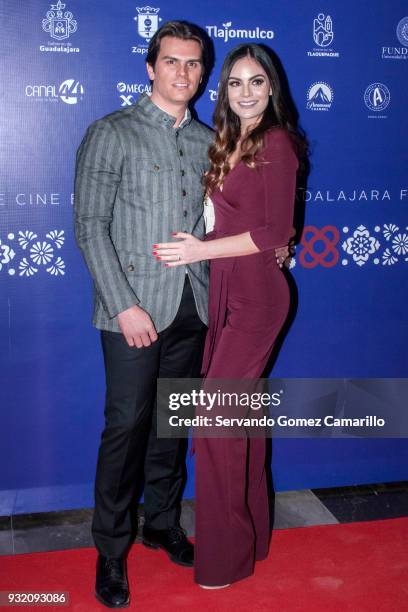 Juan Carlos Valladares and Ximena Navarrete pose during the red carpet of the movie "108 costuras" as part of the Guadalajara International Film...