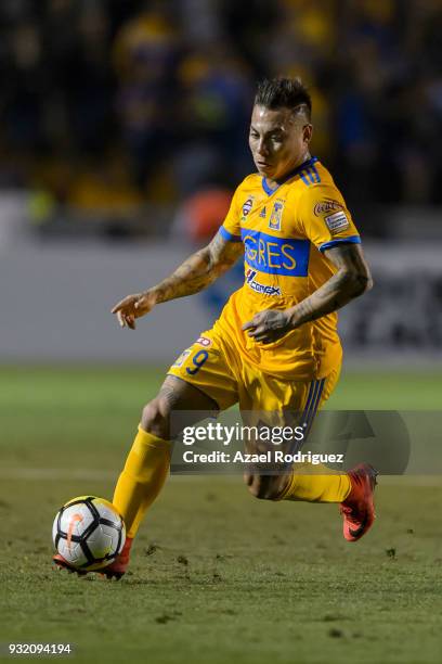 Eduardo Vargas of Tigres drives the ball during the quarterfinals second leg match between Tigres UANL and Toronto FC as part of the CONCACAF...