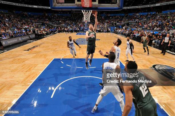 Tyler Zeller of the Milwaukee Bucks shoots the ball against the Orlando Magic on March 14, 2018 at Amway Center in Orlando, Florida. NOTE TO USER:...