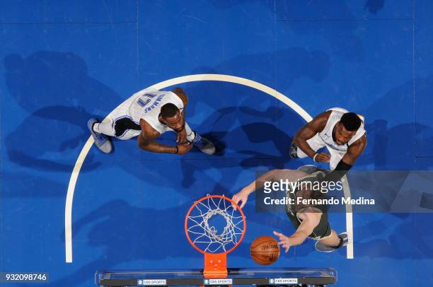 Tyler Zeller of the Milwaukee Bucks shoots the ball against the Orlando Magic on March 14, 2018 at Amway Center in Orlando, Florida. NOTE TO USER:...