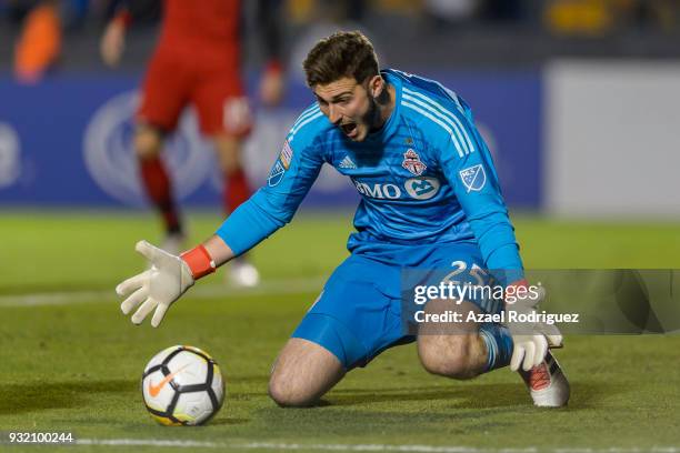 Alex Bono, goalkeeper of Toronto, receives the ball during the quarterfinals second leg match between Tigres UANL and Toronto FC as part of the...
