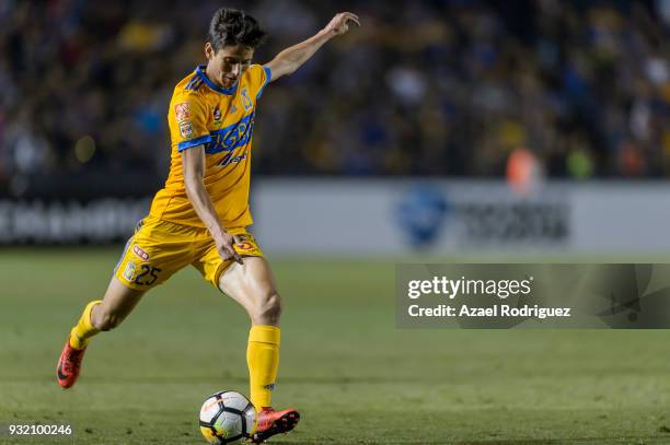 Jurgen Damm of Tigres kicks the ball during the quarterfinals second leg match between Tigres UANL and Toronto FC as part of the CONCACAF Champions...