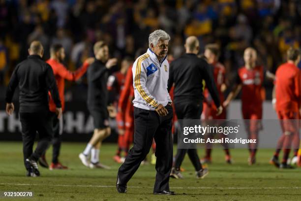 Ricardo Ferretti, coach of Tigres, leaves the field at the end of the quarterfinals second leg match between Tigres UANL and Toronto FC as part of...