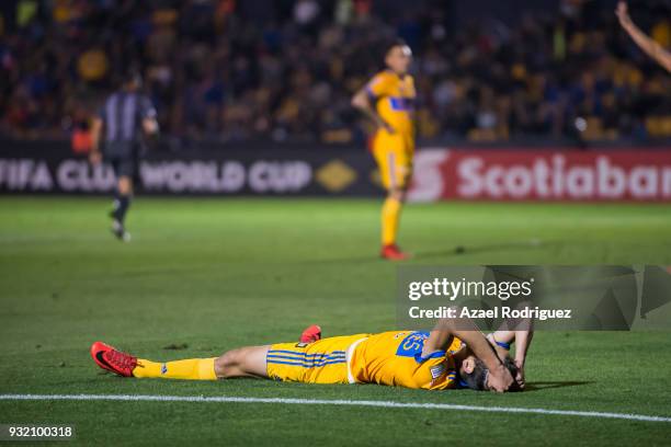 Jurgen Damm of Tigres lies on the ground during the quarterfinals second leg match between Tigres UANL and Toronto FC as part of the CONCACAF...