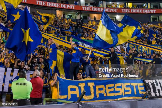 Fans of Tigres cheer the team during the quarterfinals second leg match between Tigres UANL and Toronto FC as part of the CONCACAF Champions League...