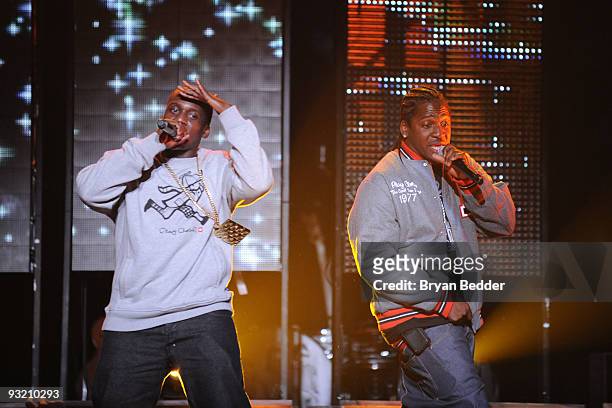 Recording artists Pusha T and Malice of Clipse perform at the 2009 mtvU Woodie Awards at Roseland Ballroom on November 18, 2009 in New York City.