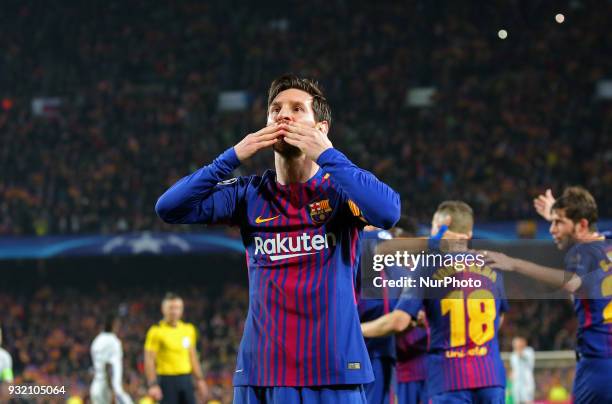 Leo Messi celebrates his 100 goal in the Champions League during the match between FC Barcelona and Chelsea FC, for the secong leg of the 1/8 final...