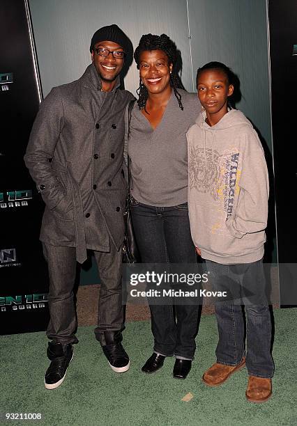 Actor Aldis Hodge and his mother and sister attend the Los Angeles Premiere of Cartoon Network's "Ben 10: Alien Swarm" at Warner Bros. Studios on...