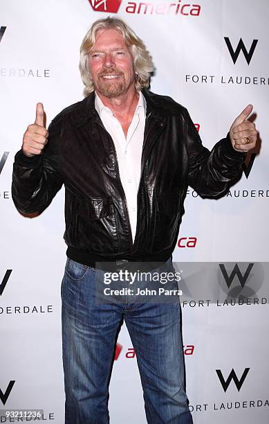 Sir Richard Branson attends Virgin America Los Angeles to Fort Lauderdale launch party at W Fort Lauderdale on November 18, 2009 in Fort Lauderdale,...