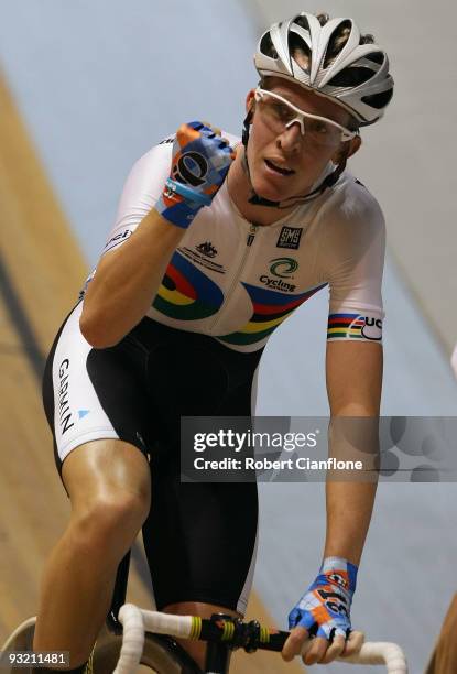 Cameron Meyer of Australia celebrates after he won the men's Point Race Final during day one of 2009 UCI Track World Cup at Hisense Arena on November...