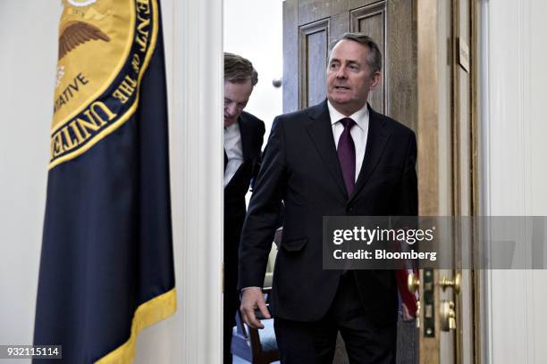 Liam Fox, U.K. International trade secretary, and Robert Lighthizer, U.S. Trade representative, left, arrive to a bilateral meeting in Washington,...