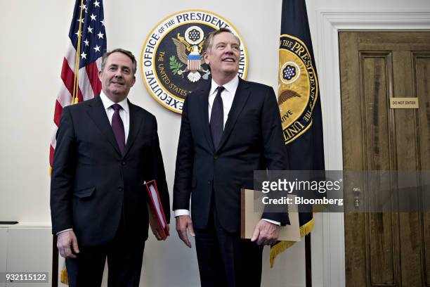 Robert Lighthizer, U.S. Trade representative, right, and Liam Fox, U.K. International trade secretary, stand before a bilateral meeting in...