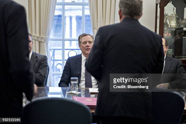 Robert Lighthizer, U.S. Trade representative, center, sits at a table during a bilateral meeting with Liam Fox, U.K. International trade secretary,...