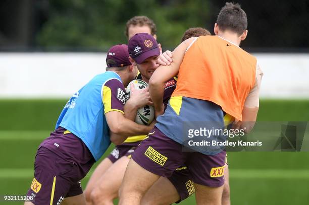 Matt Lodge takes on the defence during the Brisbane Broncos NRL training session on March 15, 2018 in Brisbane, Australia.