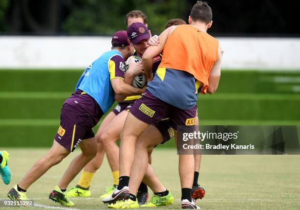 Matt Lodge takes on the defence during the Brisbane Broncos NRL training session on March 15, 2018 in Brisbane, Australia.