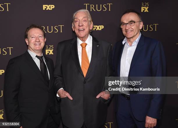 Writer / Producer Simon Beaufoy, actor Donald Sutherland and director Danny Boyle attend the FX Networks' "Trust" New York Screening at Florence...