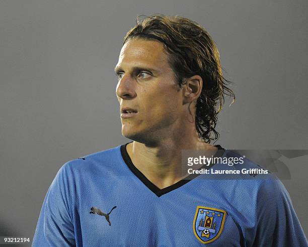 Diego Forlan of Uruguay in action duing the 2010 FIFA World Cup Play Off Second Leg Match between Uruguay and Costa Rica at The Estadio Centenario on...