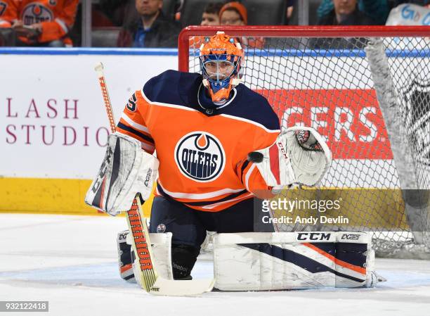 Al Montoya of the Edmonton Oilers warms up prior to the game against the San Jose Sharks on March 14, 2018 at Rogers Place in Edmonton, Alberta,...