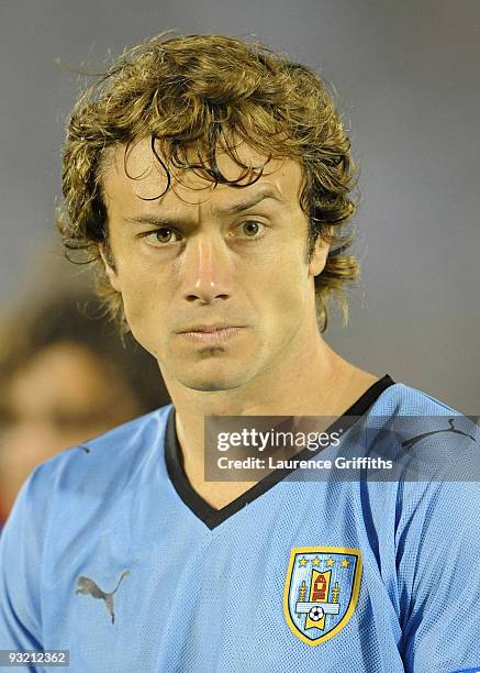 Diego Lugano of Uruguay lines up for the National Anthem duing the 2010 FIFA World Cup Play Off Second Leg Match between Uruguay and Costa Rica at...