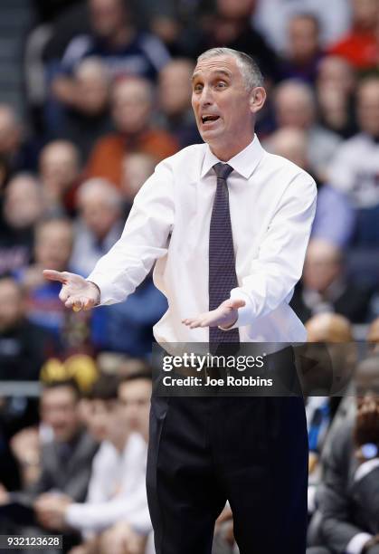 Head coach Bobby Hurley of the Arizona State Sun Devils reacts in the first half against the Syracuse Orange during the First Four of the 2018 NCAA...