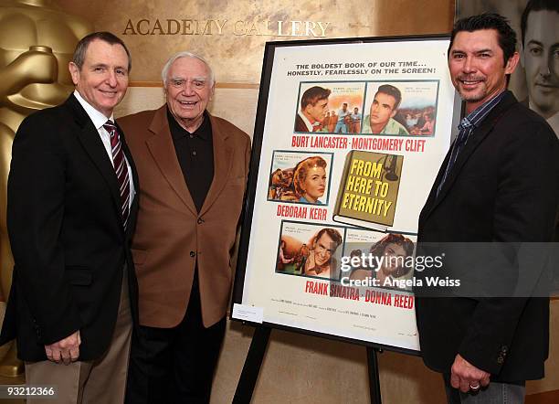 Academy president Tom Sherak, actor Ernest Borgnine and program host Lou Diamond Phillips attend the AMPAS screening of 'From Here To Eternity' at...