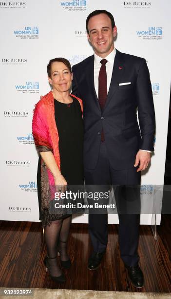 Laura Hayes and David Prager attends a cocktail reception hosted by De Beers to celebrate their partnership with UN Women at De Beers Old Bond Street...