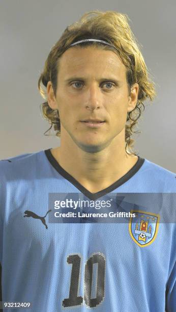Diego Forlan of Uruguay lines up for the National Anthem duing the 2010 FIFA World Cup Play Off Second Leg Match between Uruguay and Costa Rica at...