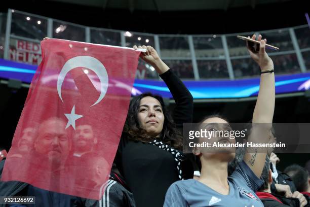 Woman celebrate during the UEFA Champions League Round of 16 Second Leg match Besiktas and Bayern Muenchen at Vodafone Park on March 14, 2018 in...