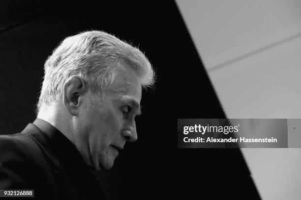 Jupp Heynckes, head coach of Bayern Muenchen looks on during a press conference after the UEFA Champions League Round of 16 Second Leg match Besiktas...