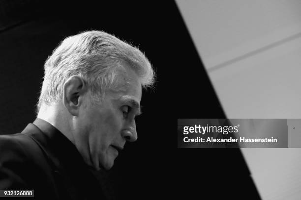 Jupp Heynckes, head coach of Bayern Muenchen looks on during a press conference after the UEFA Champions League Round of 16 Second Leg match Besiktas...