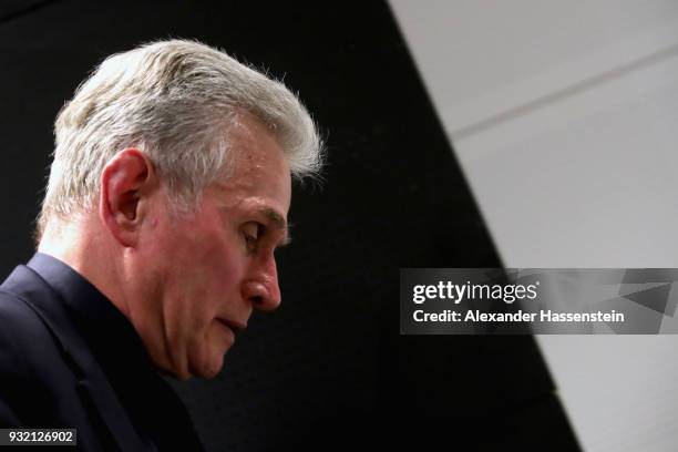 Jupp Heynckes, head coach of Bayern Muenchen looks on during a press conference after the UEFA Champions League Round of 16 Second Leg match Besiktas...