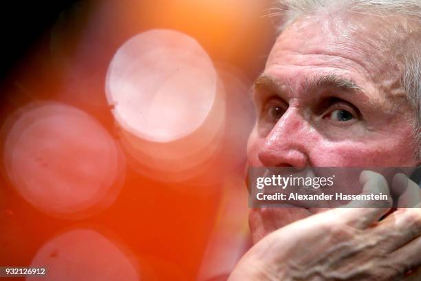 Jupp Heynckes, head coach of Bayern Muenchen looks on during a press conference after the UEFA Champions League Round of 16 Second Leg match Besiktas...