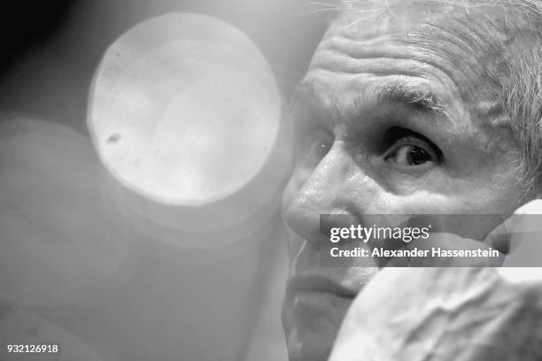 Jupp Heynckes, head coach of Bayern Muenchen looks on during a press conference after the UEFA Champions League Round of 16 Second Leg match Besiktas...