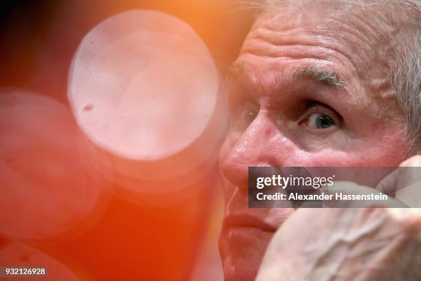 Jupp Heynckes, head coach of Bayern Muenchen looks on during a press conference after the UEFA Champions League Round of 16 Second Leg match Besiktas...